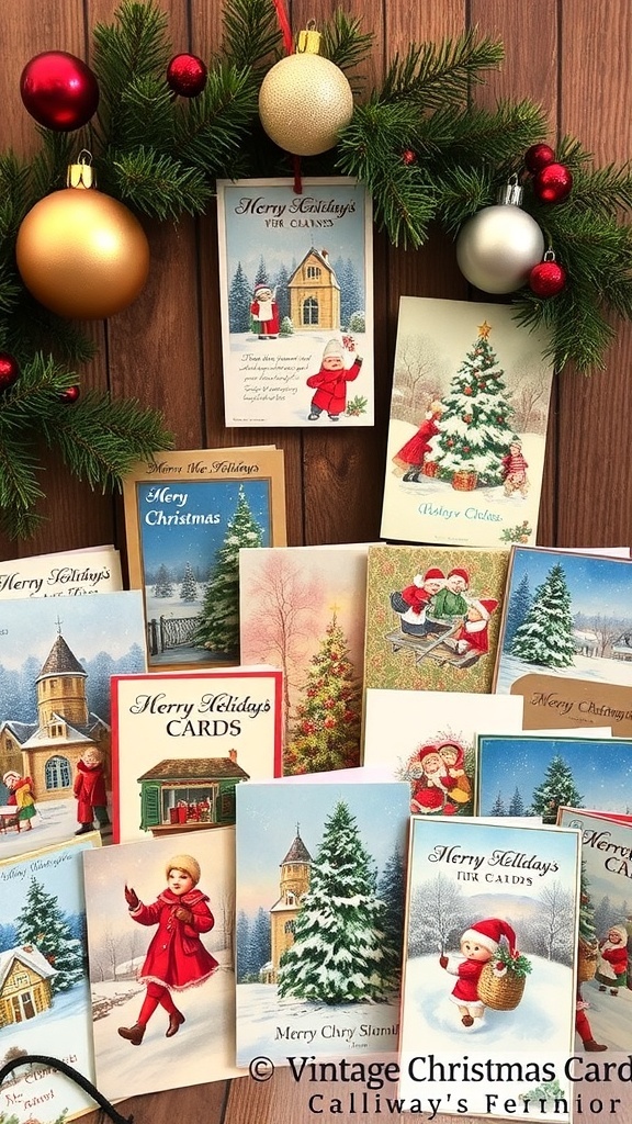 Vintage Christmas Card Crafting A collection of vintage Christmas cards showcasing winter scenes and festive designs on a rustic wooden table.